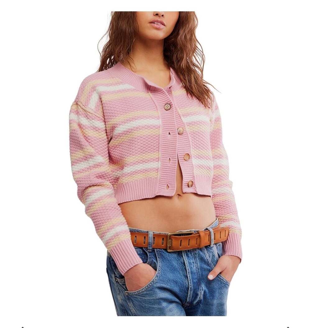 Free People Lila Stripe Cardi in Pink Combo